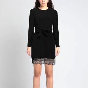 Anna Molinari Black Long Sleeve Lace Trim Belted Dress
